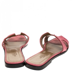 Pre Owned Hermes Pink Lizard Oran Slide Flats Size 39.5