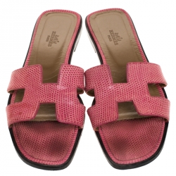Pre Owned Hermes Pink Lizard Oran Slide Flats Size 39.5