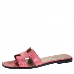 Pre Owned Hermes Pink Lizard Oran Slide Flats Size 39.5