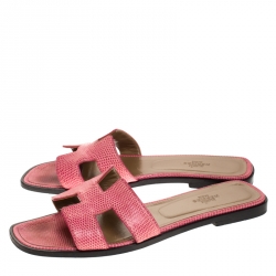 Pre Owned Hermes Pink Lizard Oran Slide Flats Size 39.5