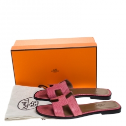 Pre Owned Hermes Pink Lizard Oran Slide Flats Size 39.5