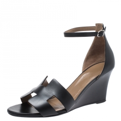 Hermes Black Leather Legend Wedge Ankle Strap Sandals Size 40