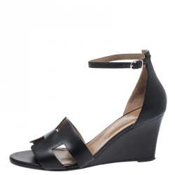 Hermes Black Leather Legend Wedge Ankle Strap Sandals Size 40