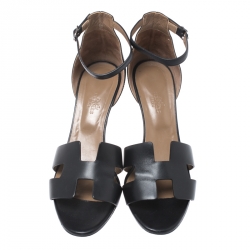 Hermes Black Leather Legend Wedge Ankle Strap Sandals Size 40
