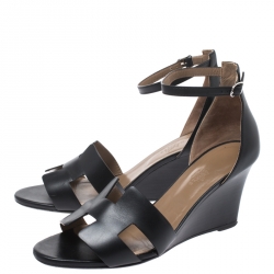 Hermes Black Leather Legend Wedge Ankle Strap Sandals Size 40