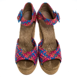 Hermes Multicolor Woven Leather Espadrille Wedge Ankle Strap Sandals Size 40