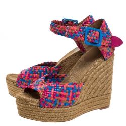 Hermes Multicolor Woven Leather Espadrille Wedge Ankle Strap Sandals Size 40