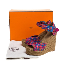 Hermes Multicolor Woven Leather Espadrille Wedge Ankle Strap Sandals Size 40