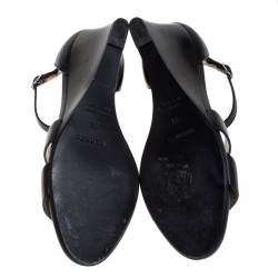 Hermes Black Leather Legend Wedge Ankle Strap Sandals Size 38