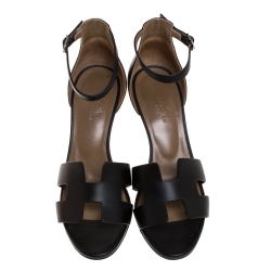 Hermes Black Leather Legend Wedge Ankle Strap Sandals Size 38