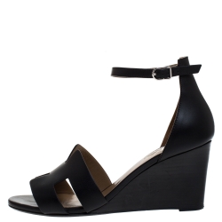 Hermes Black Leather Legend Wedge Ankle Strap Sandals Size 38