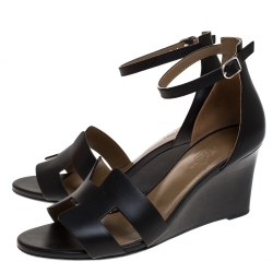 Hermes Black Leather Legend Wedge Ankle Strap Sandals Size 38