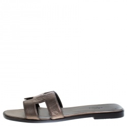 Hermes Metallic Grey Leather Oran Flat Slides 39