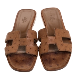 Hermes Brown Ostrich Leather Oran Sandals Size 39
