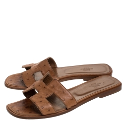 Hermes Brown Ostrich Leather Oran Sandals Size 39