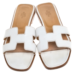 Hermes White Leather Oran Slide Sandals Size 40.5