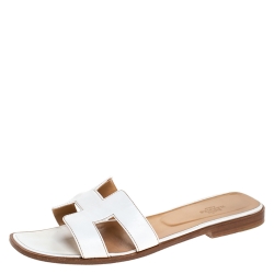 Hermes White Leather Oran Slide Sandals Size 40.5