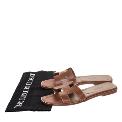 Hermes Brown Leather Oran Flat Slides Size 38.5