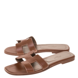 Hermes Brown Leather Oran Flat Slides Size 38.5