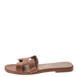 Hermes Brown Leather Oran Flat Slides Size 38.5