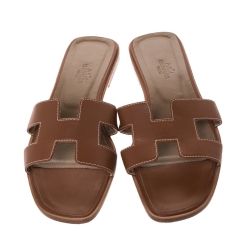 Hermes Brown Leather Oran Flat Slides Size 38.5