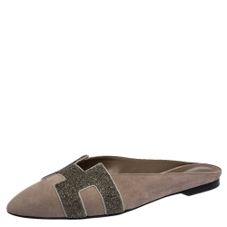 Hermes Beige Suede Roxane Flat Mules Size 40
