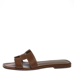 Hermes Brown Leather Oran Slide Flats Size 38