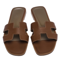 Hermes Brown Leather Oran Slide Flats Size 38