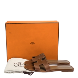 Hermes Brown Leather Oran Slide Flats Size 38