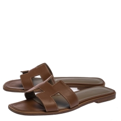 Hermes Brown Leather Oran Slide Flats Size 38