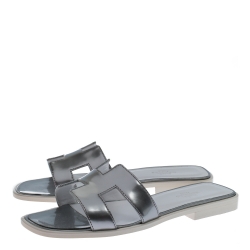 Hermes Silver Patent Leather Oran Slide Flats Size 36