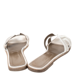 Pre Owned Hermes White Stitch Detail Leather Oran Slides Flats Size 41