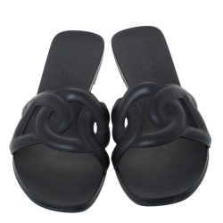 Hermes Black Rubber Aloha Flat Sandals Size 39