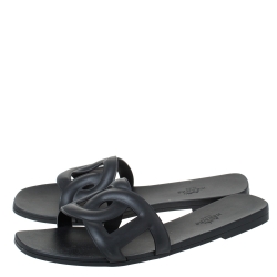 Hermes Black Rubber Aloha Flat Sandals Size 39