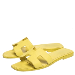 Hermes Yellow Leather Oran Flat Slides Size 37