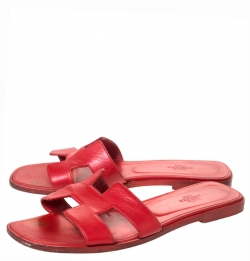 Hermes Red Leather Oran Slide Flats Size 39