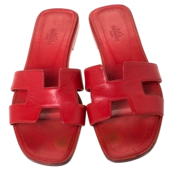 Hermes Red Leather Oran Slide Flats Size 39