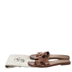 Hermes Brown Leather Oran Flat Slides Size 39.5