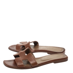 Hermes Brown Leather Oran Flat Slides Size 39.5