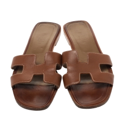 Hermes Brown Leather Oran Flat Slides Size 39.5