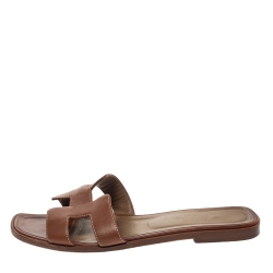 Hermes Brown Leather Oran Flat Slides Size 39.5