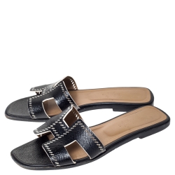 Hermes Black Textured Patent Cut Out Detail Oran Sandals Size 39