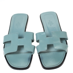 Hermes Light Blue Patent Leather Oran Flat Slides Size 38