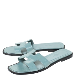 Hermes Light Blue Patent Leather Oran Flat Slides Size 38