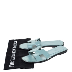 Hermes Light Blue Patent Leather Oran Flat Slides Size 38