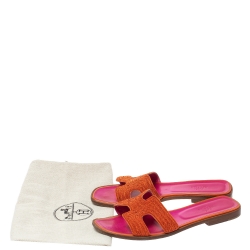 مملوكة مسبقًا Hermes Orange/Pink Twill Oran Herringbone Dabka Slide Flats Size 39 