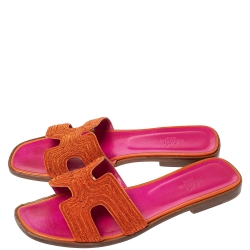 مملوكة مسبقًا Hermes Orange/Pink Twill Oran Herringbone Dabka Slide Flats Size 39 