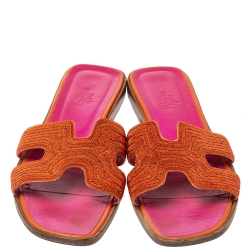 مملوكة مسبقًا Hermes Orange/Pink Twill Oran Herringbone Dabka Slide Flats Size 39 