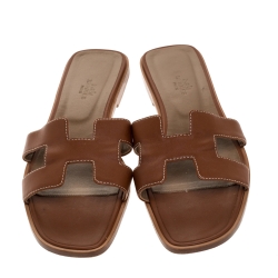 Pre Owned Hermes Brown Leather Oran Flat Sandals Size 41