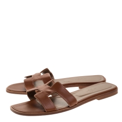 Pre Owned Hermes Brown Leather Oran Flat Sandals Size 41